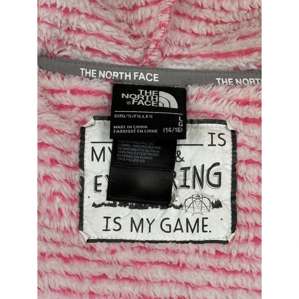 The North Face Girls Pink White Striped Full Zip Hooded‎ Fleece Jacket L (14/16)